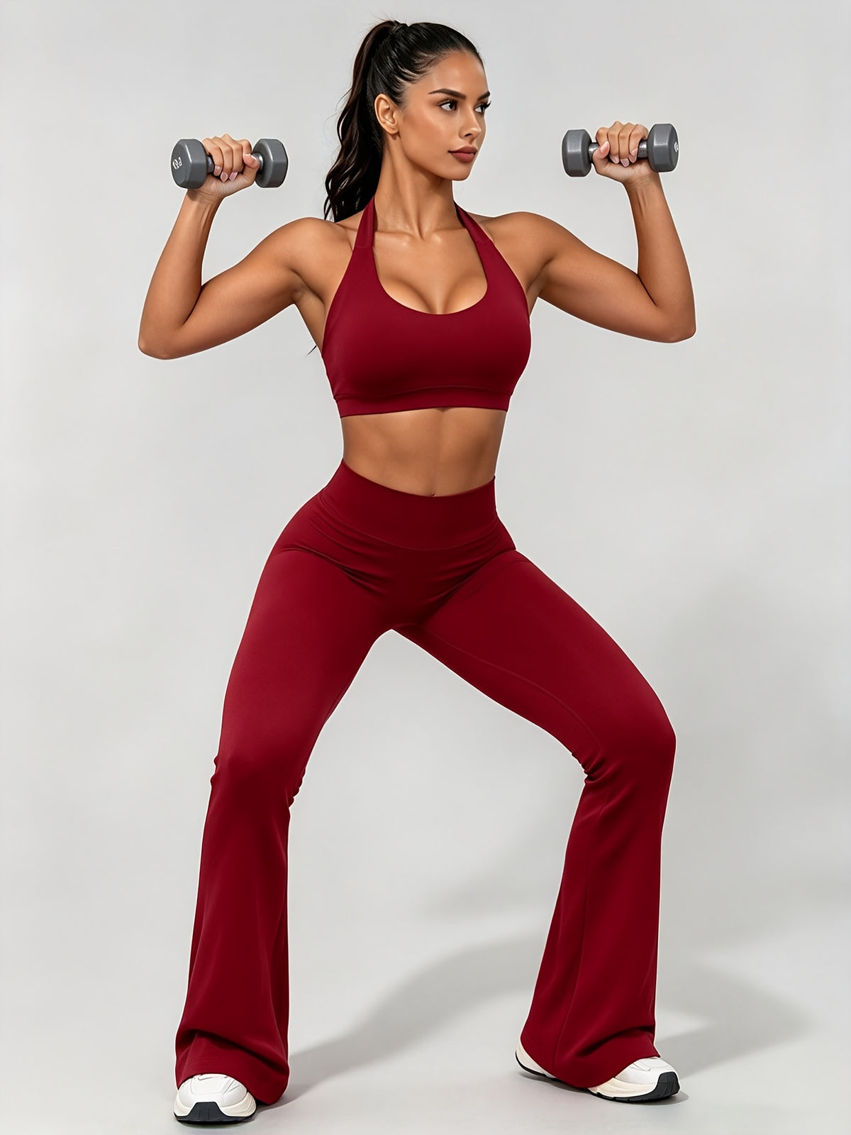 Seamless Halter Bra & Flare Pants Set - Burgundy