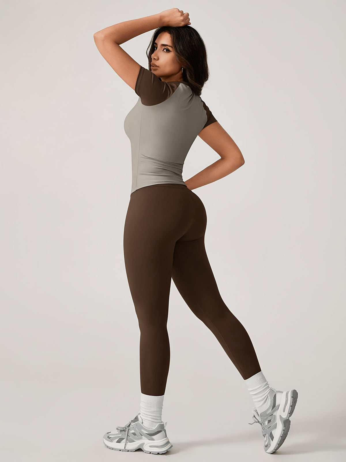 Colour Block Tee & Leggings Set - Coffee & Grey