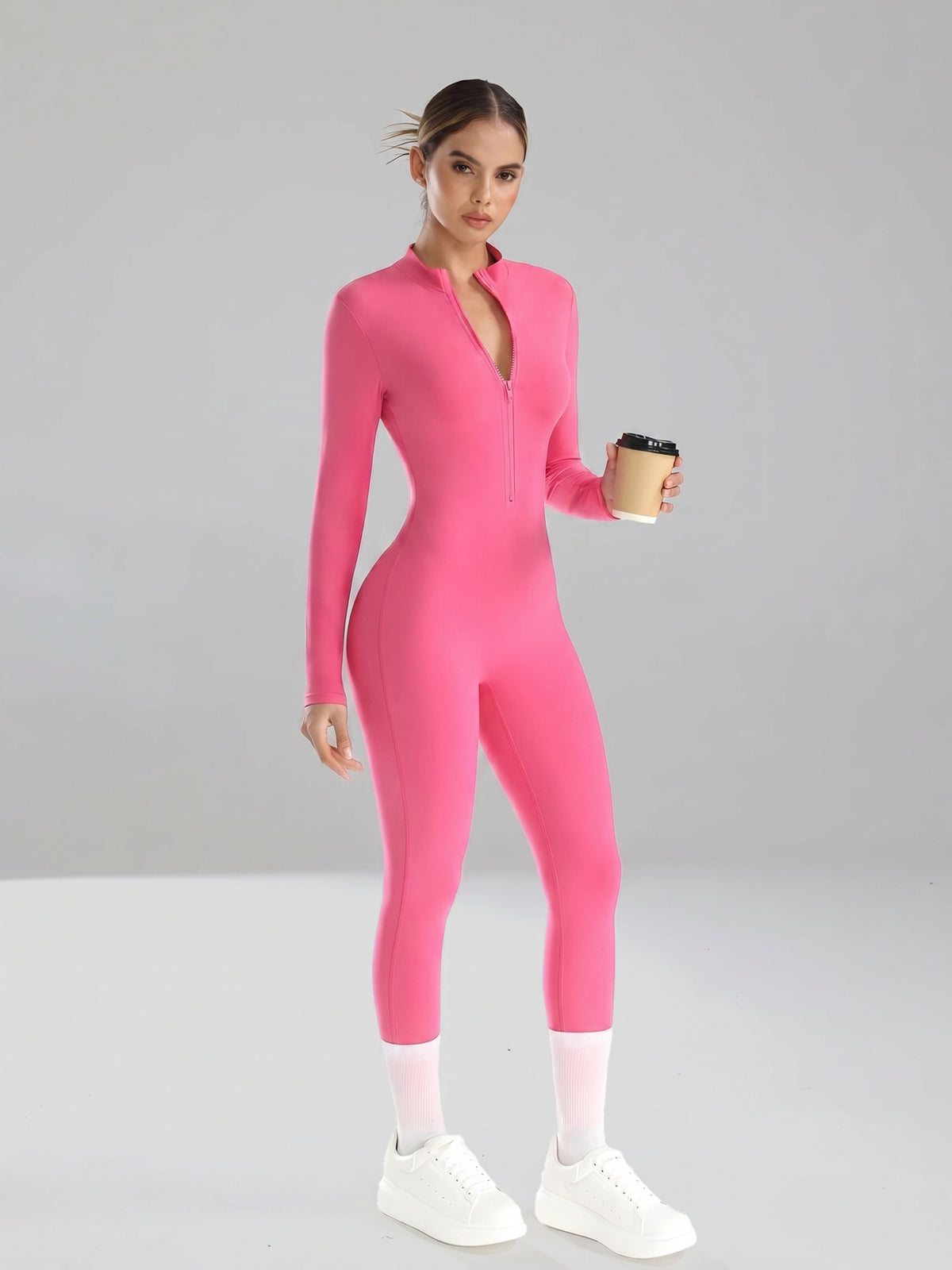 Half Zip Stand Collar Unitard - Bright Pink