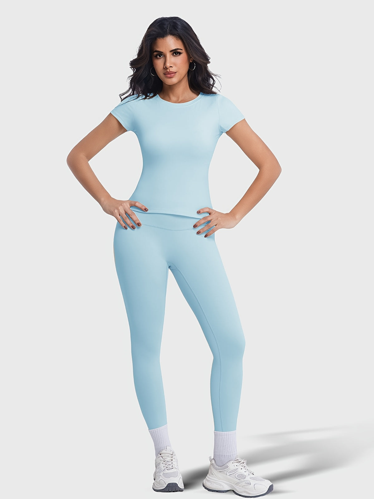 Crew Neck Tee & Leggings Set - Light Blue