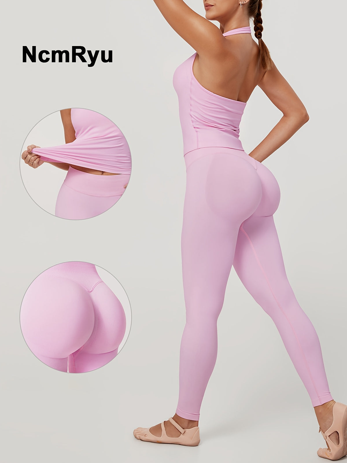 Square Neck Halter Tank & Leggings Set - Pink