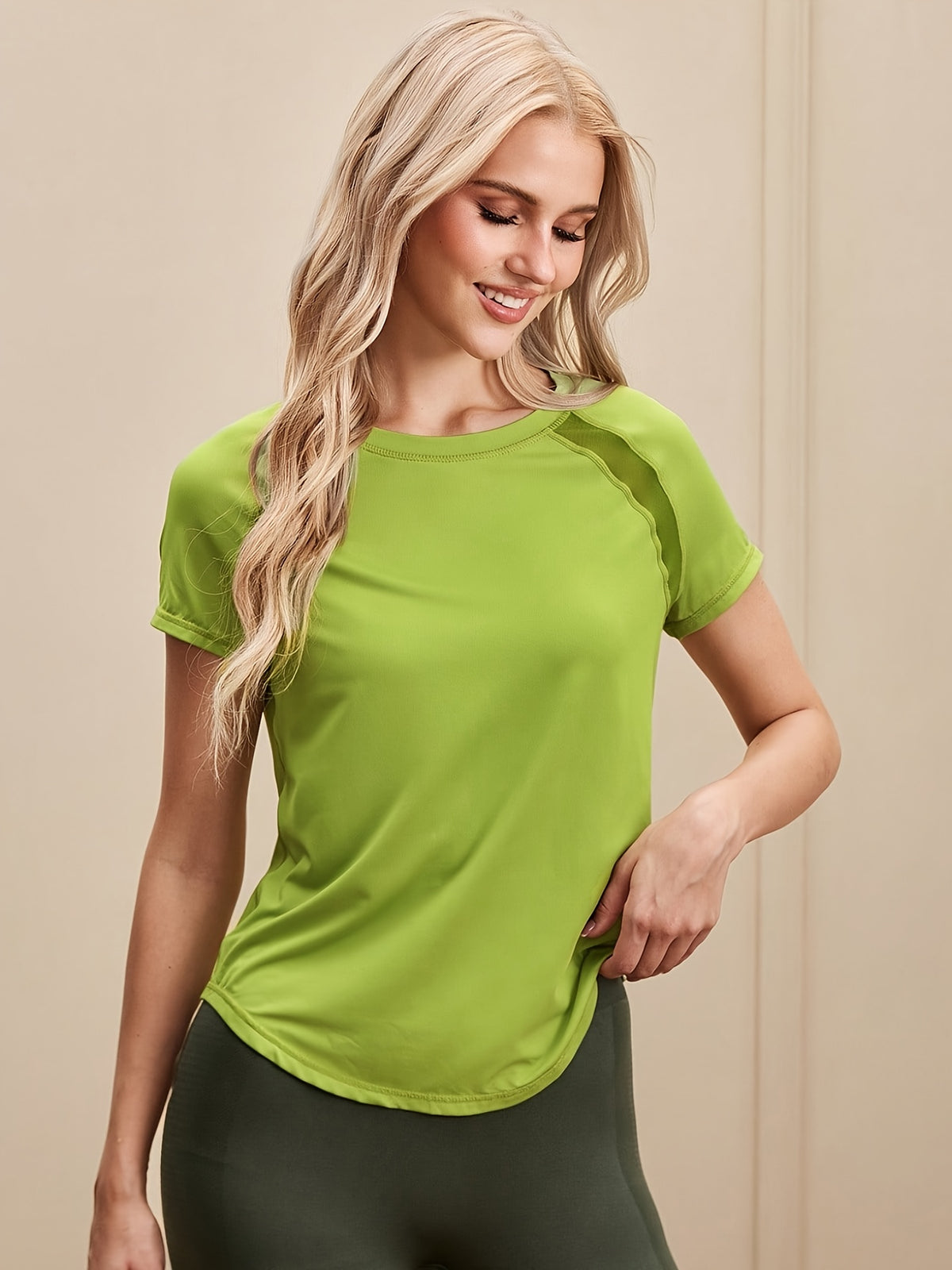 Mesh Spliced Quick-Dry Sports Tee - Yellow Green