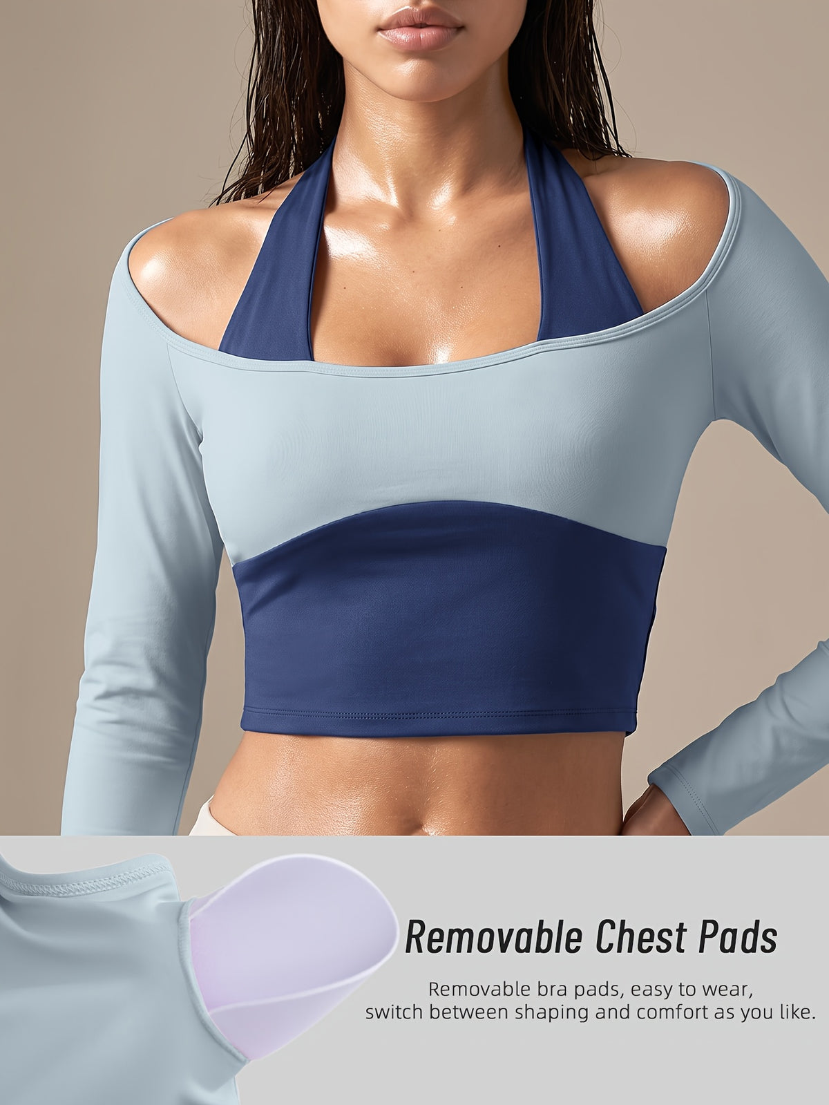 Faux Two-Piece Halter Color Block Top - Blue