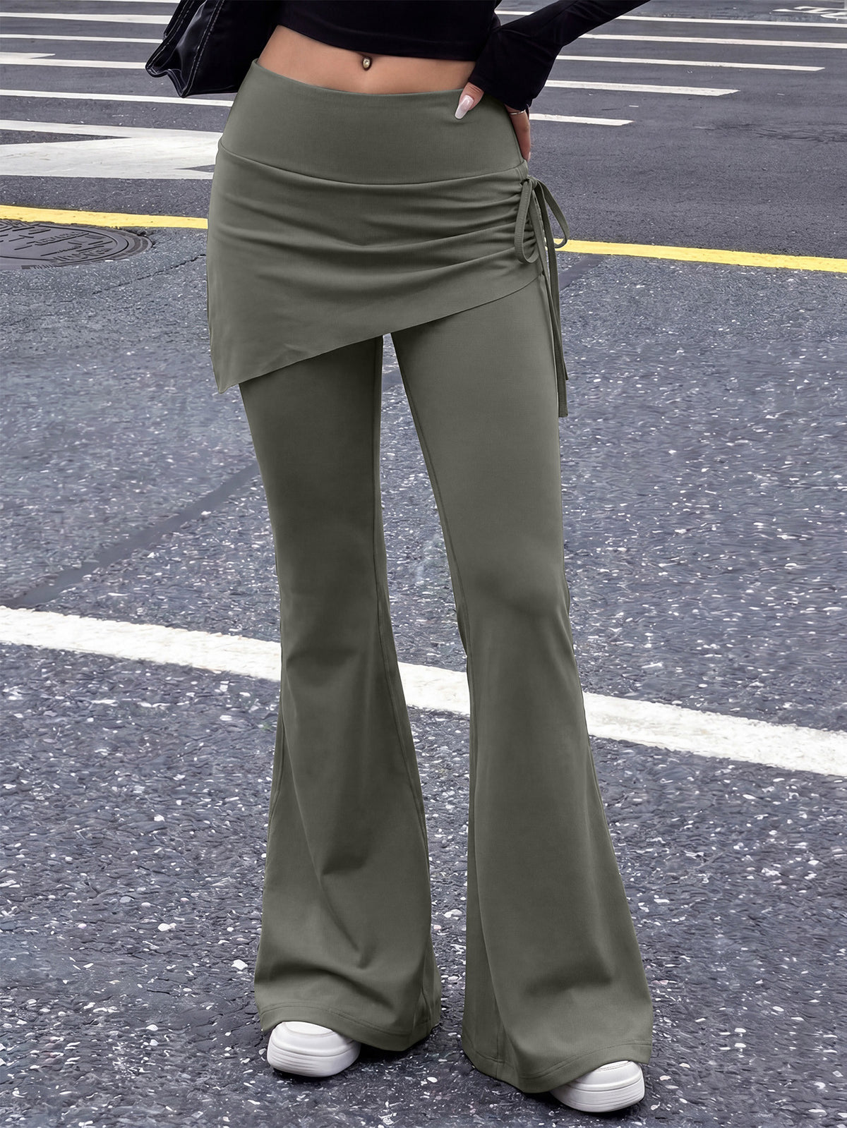High Waist Drawstring Flare Skort - Grey