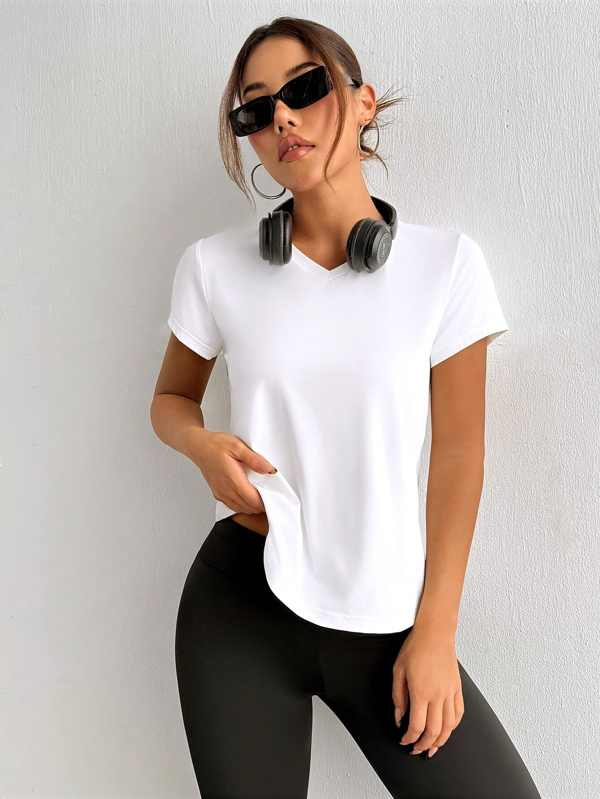 V Neck Knot Open Back Tee - White