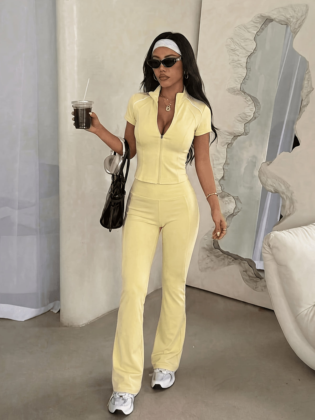 Short Sleeve Zip Top & Flare Pants Set - Light Yellow