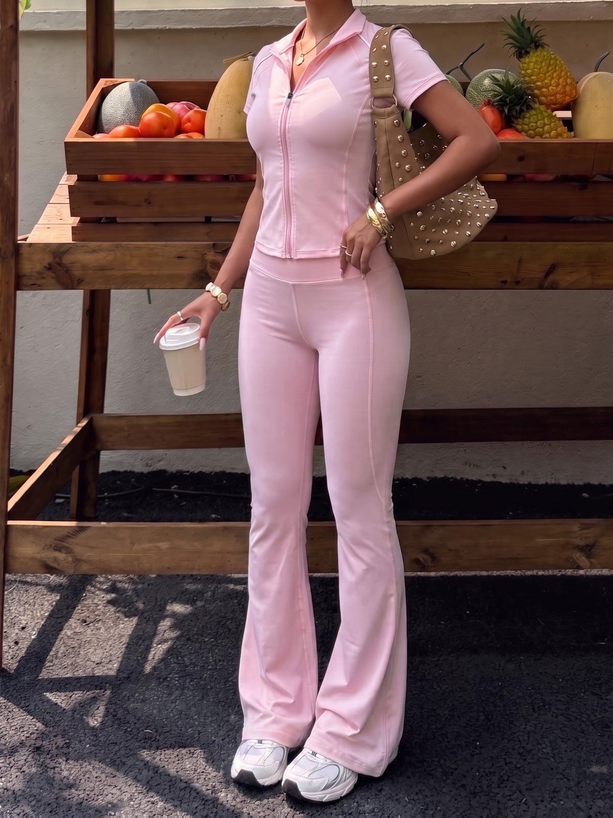 Zipper Jacket & Wide Leg Trousers Set - Hot Pink