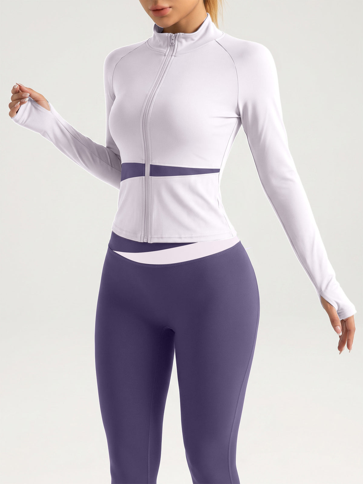 Contrast Zip Jacket & Lifting Leggings Set - Light Purple & Dark Purple