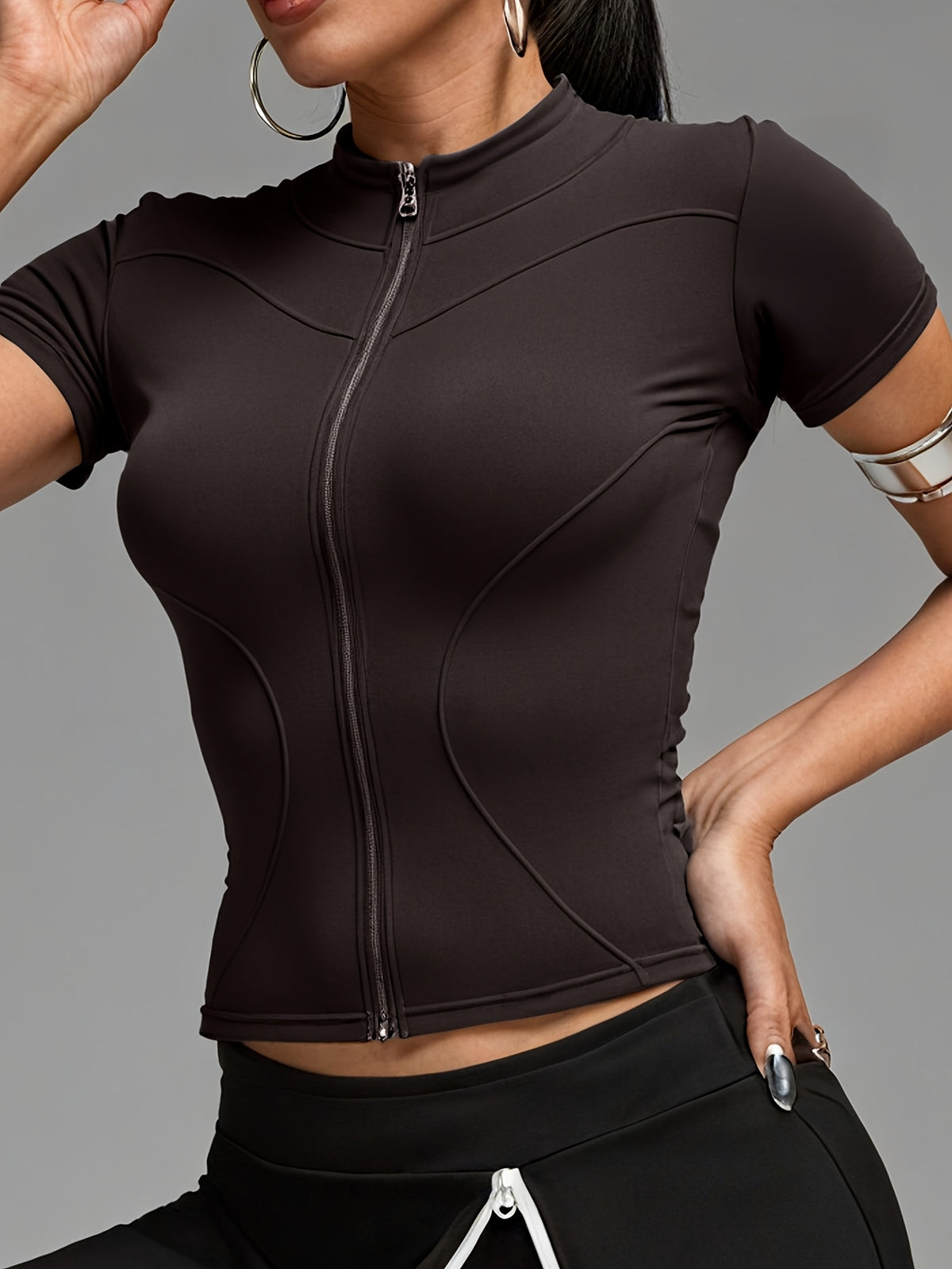 Short Sleeve Cropped Zip Jacket - Coffee
