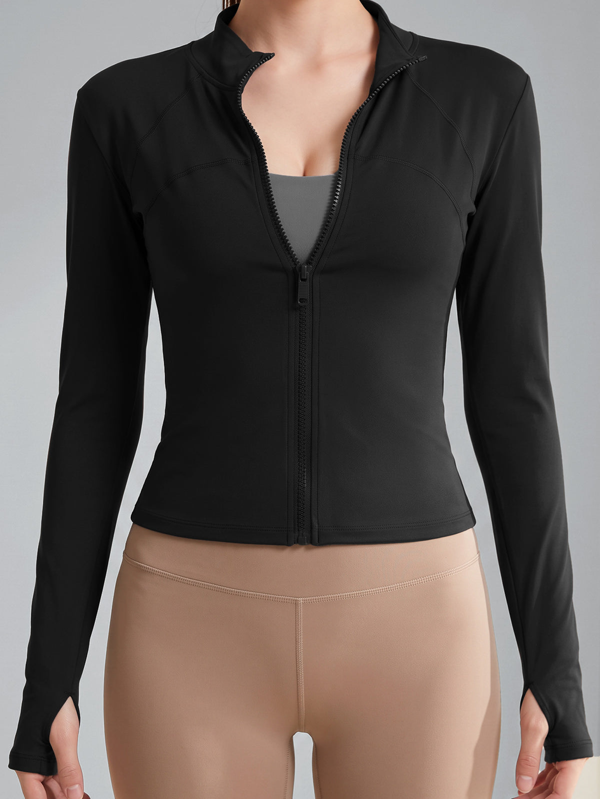 Stand Collar Thumb Button Zip Jacket - Black