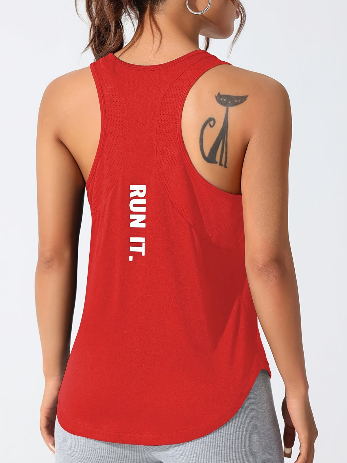 Mesh Panel Letter Print Tee & Vest Set - Black & Red