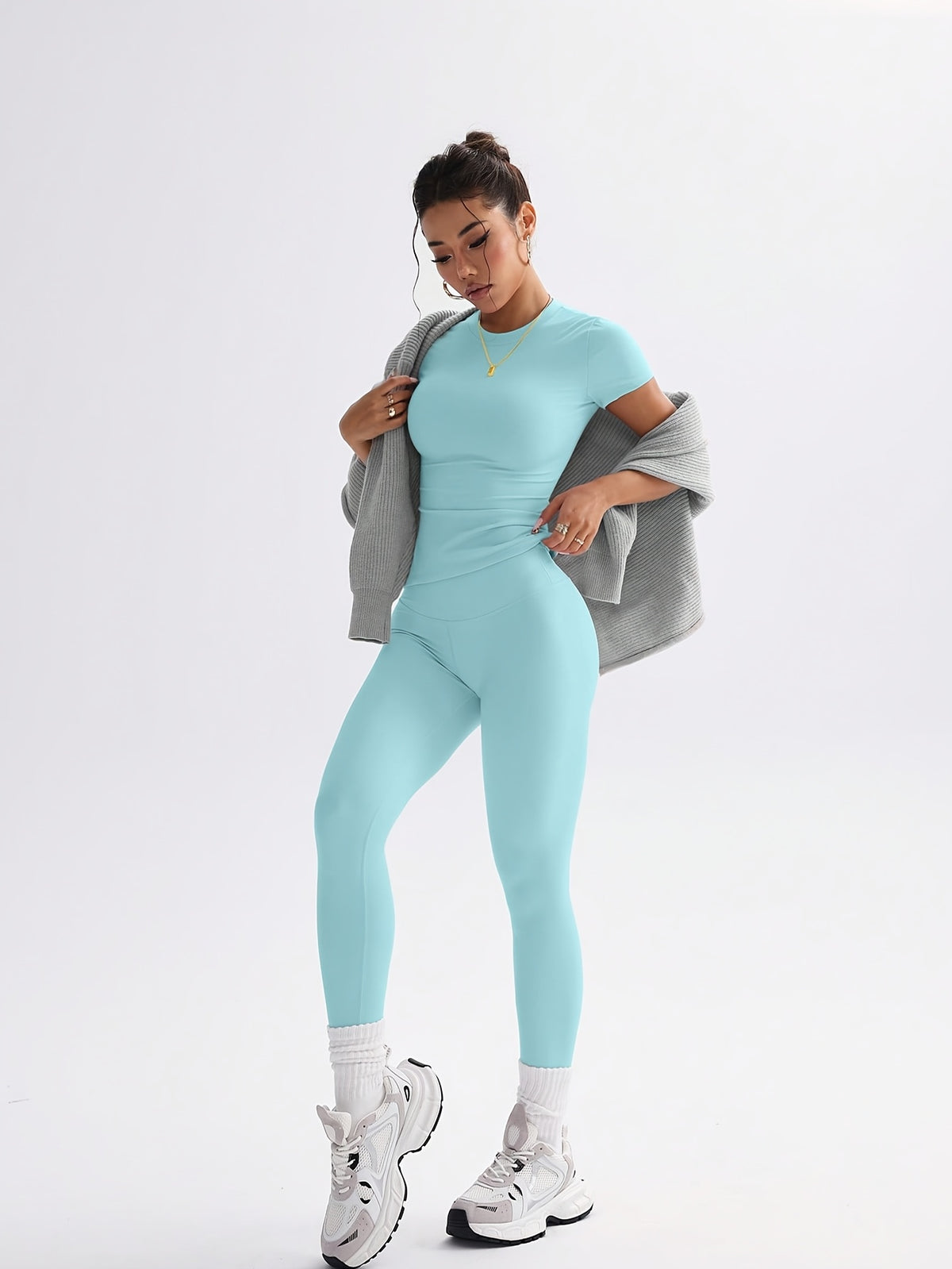 Cropped Tee & Leggings Set - Sky Blue
