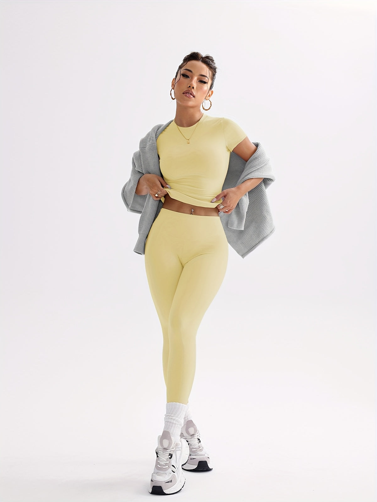 Cropped Tee & Leggings Set - Yellow