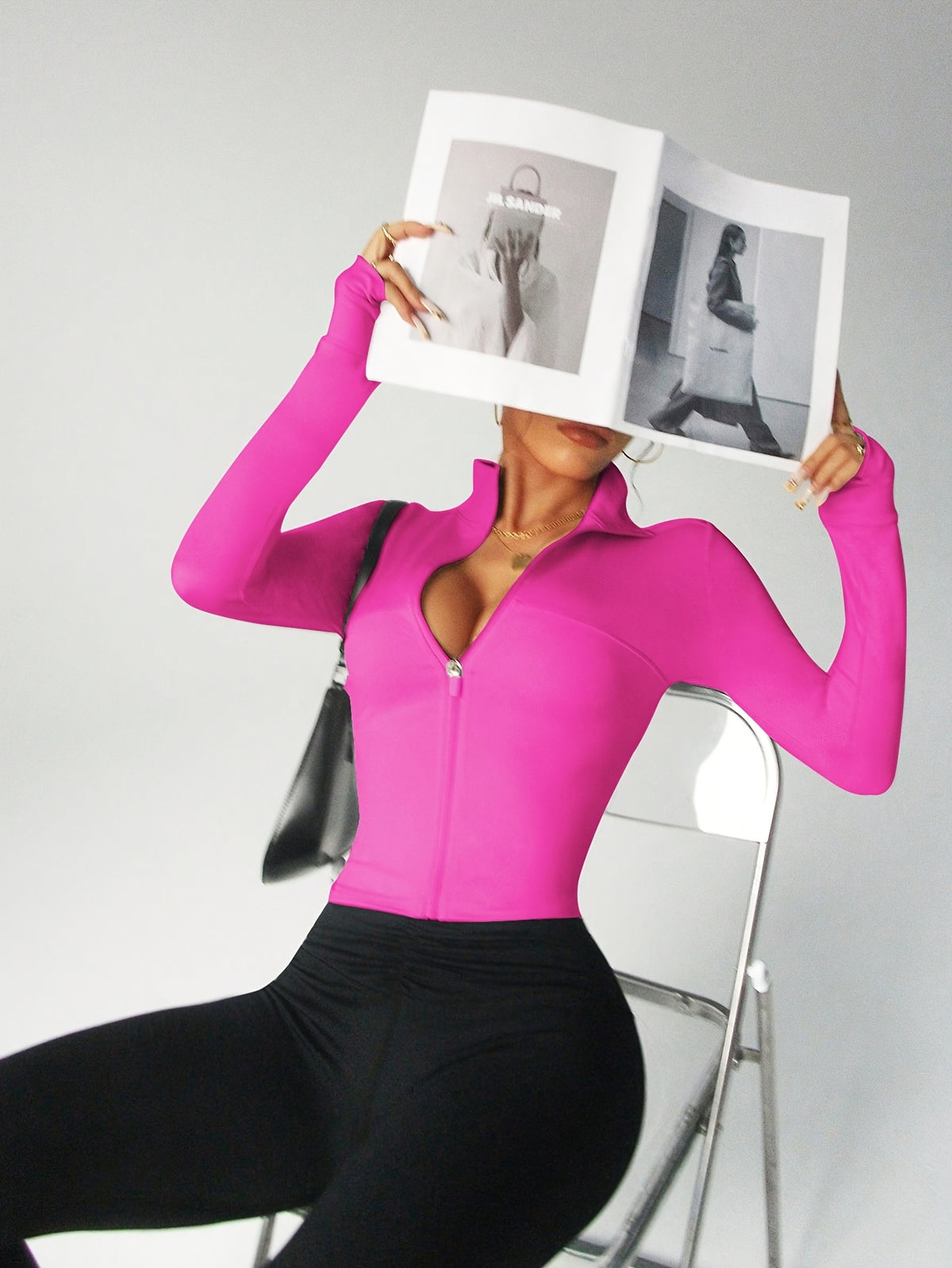 Stand Collar Zip Up Jacket - Bright Pink