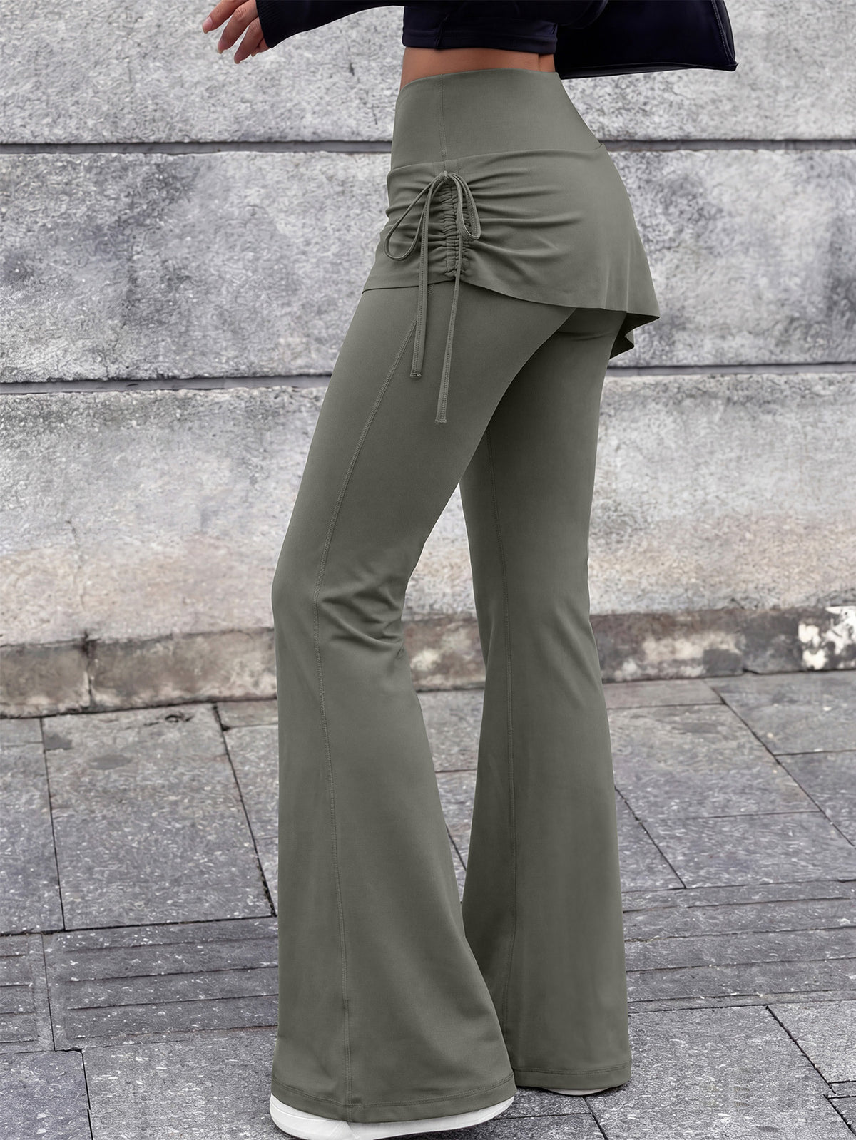 High Waist Drawstring Flare Skort - Grey