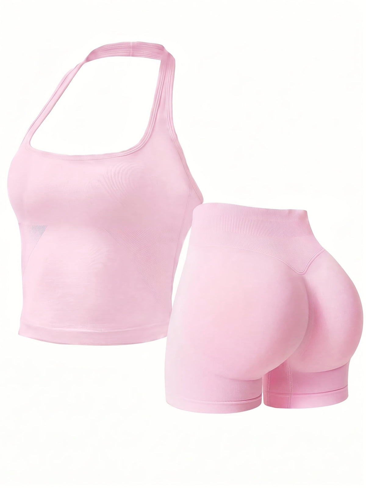 Halter Seamless Tank & Biker Shorts Set - Pink Red