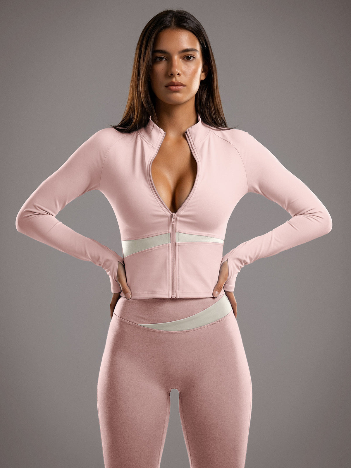 Color Block Cardigan Jacket & Slim Pants Set - Light Pink