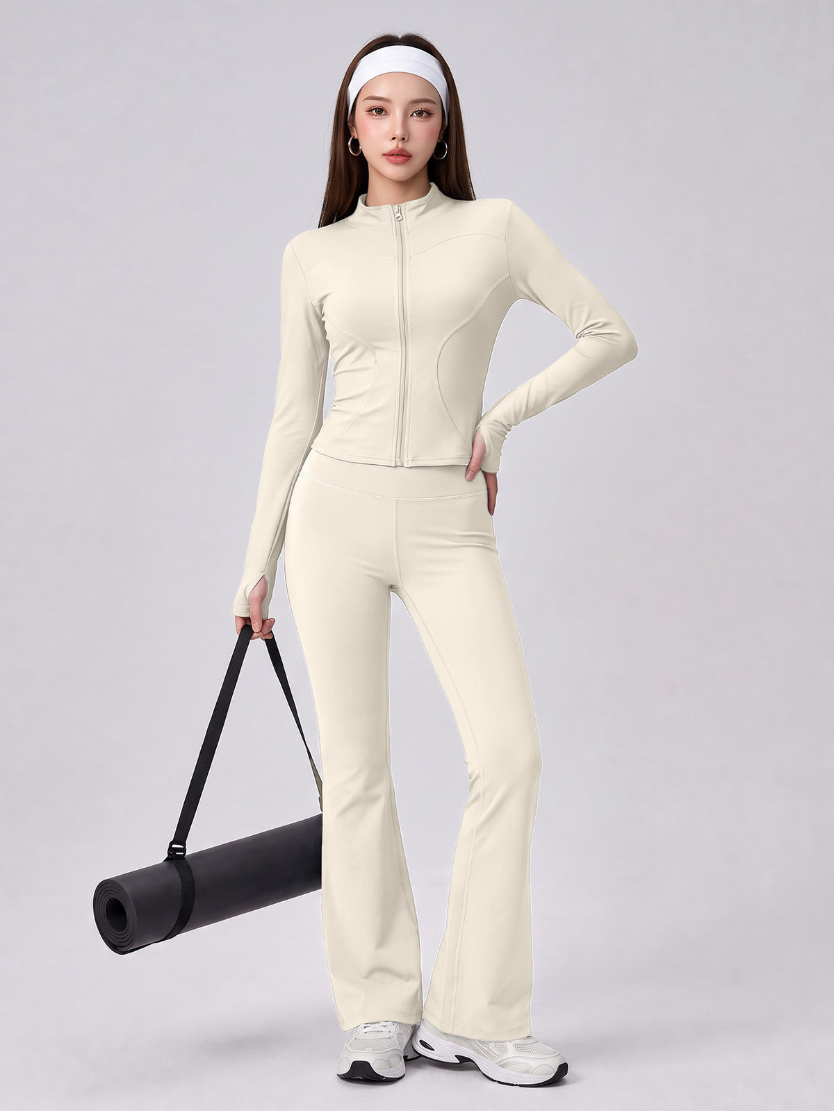 Nude Feel Zip Jacket & Flare Pants Set - Ivory White