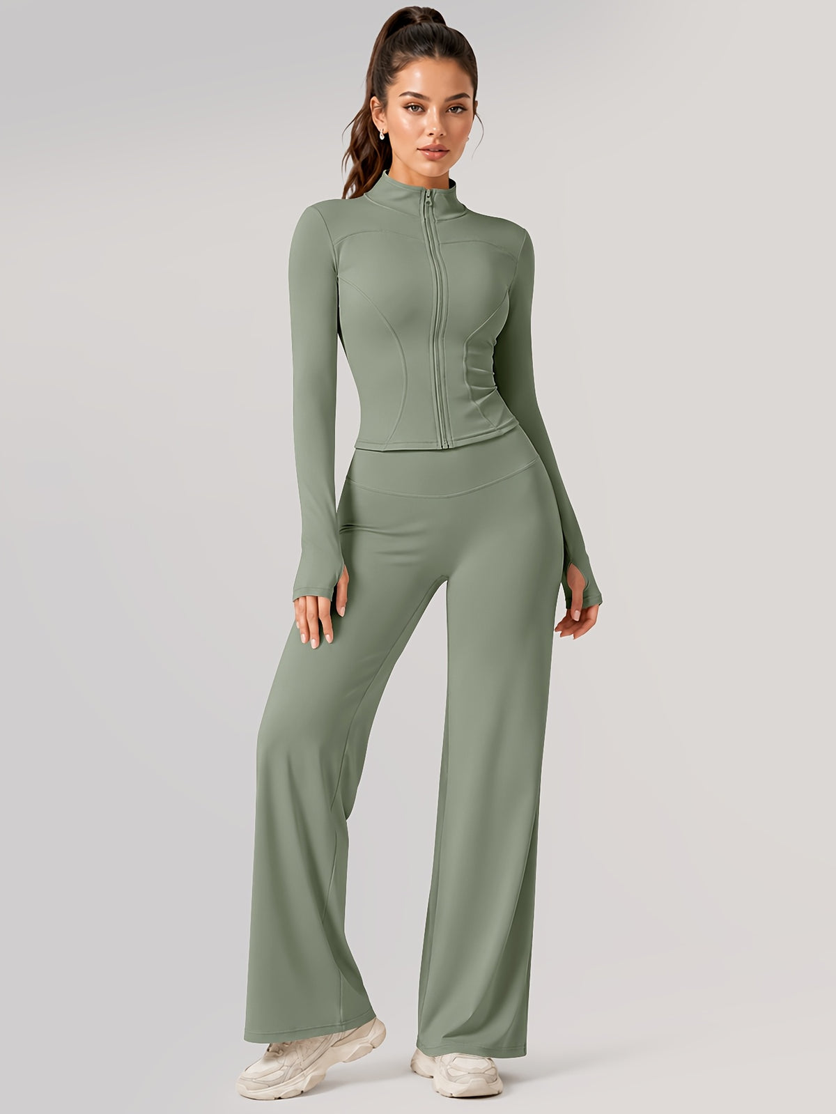 Zip Jacket & Wide Leg Pants Set - Sage Green