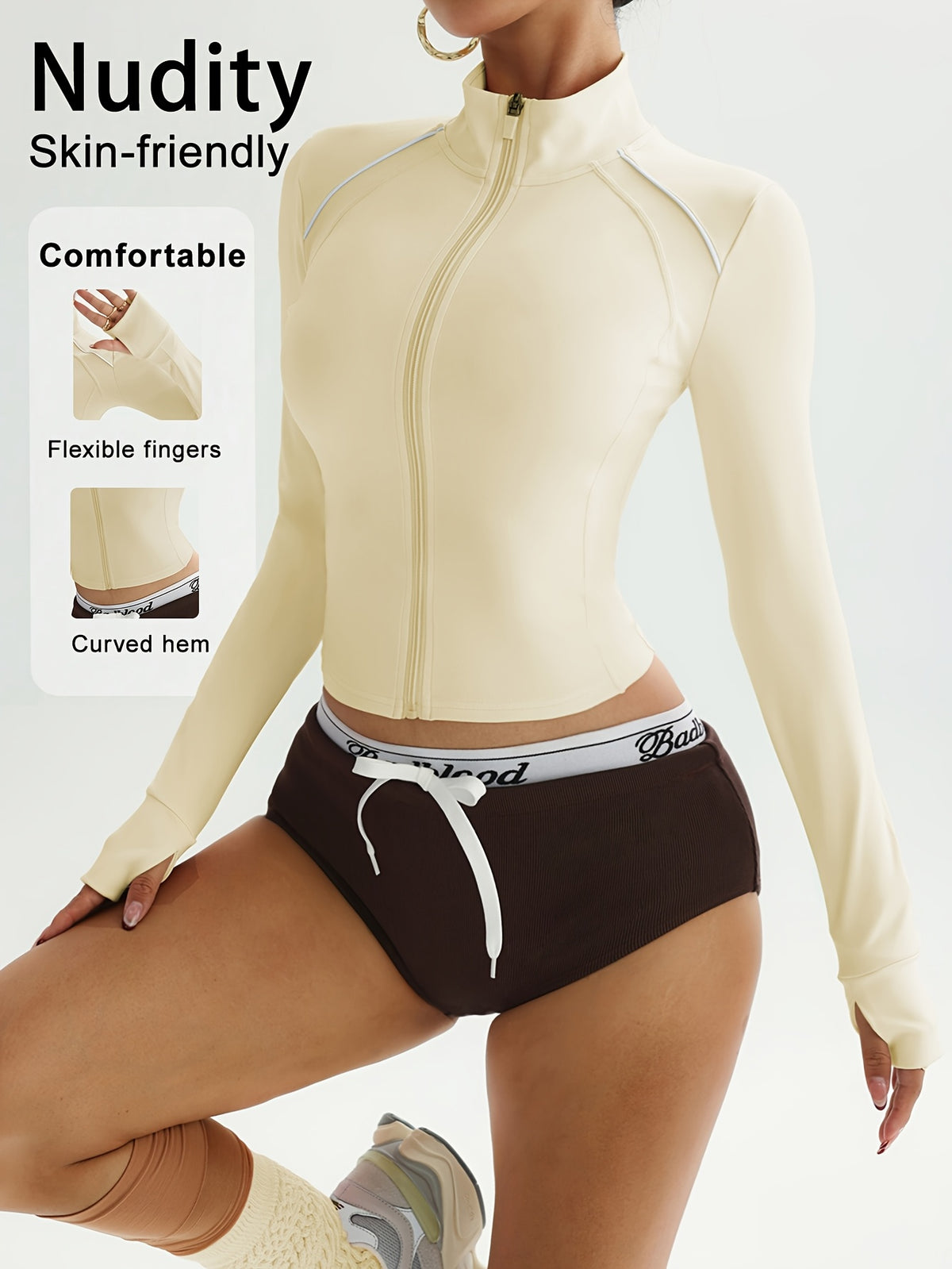 Contrast Stand Collar Zip Jacket - Apricot