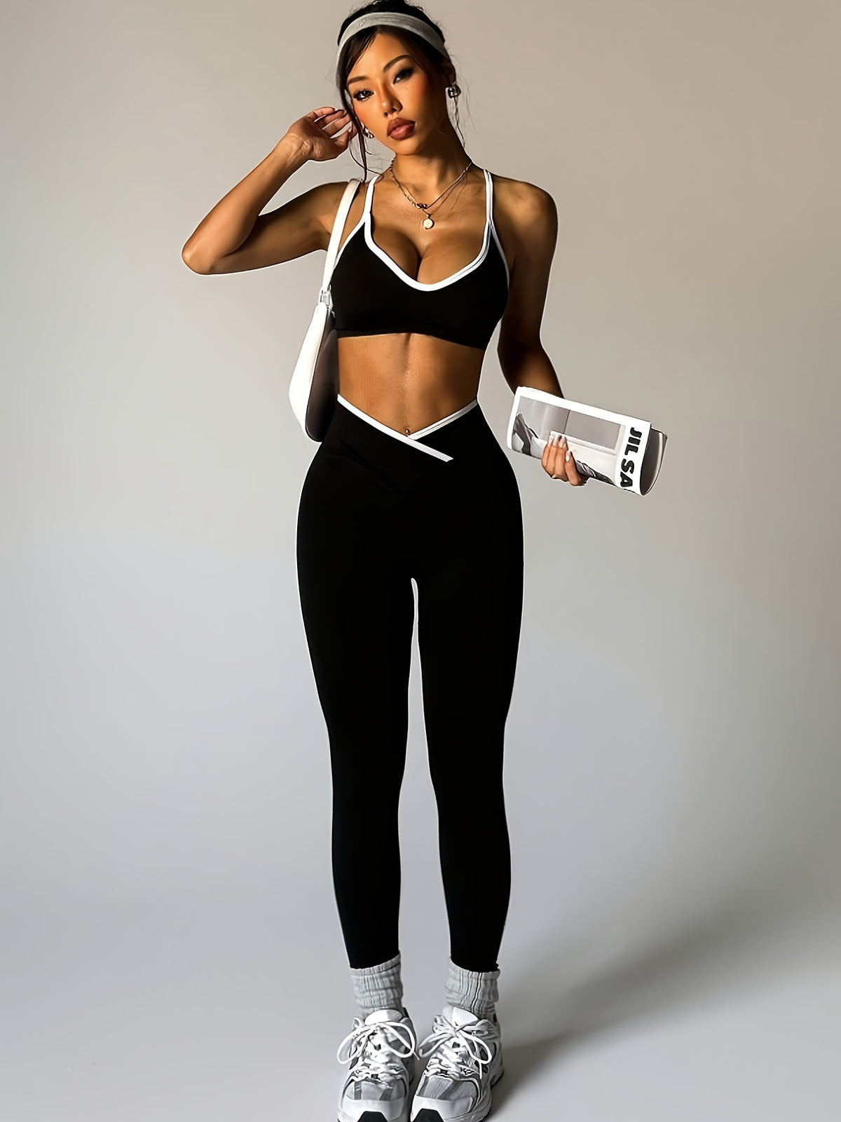Cross Back Bra & Leggings Set - Black