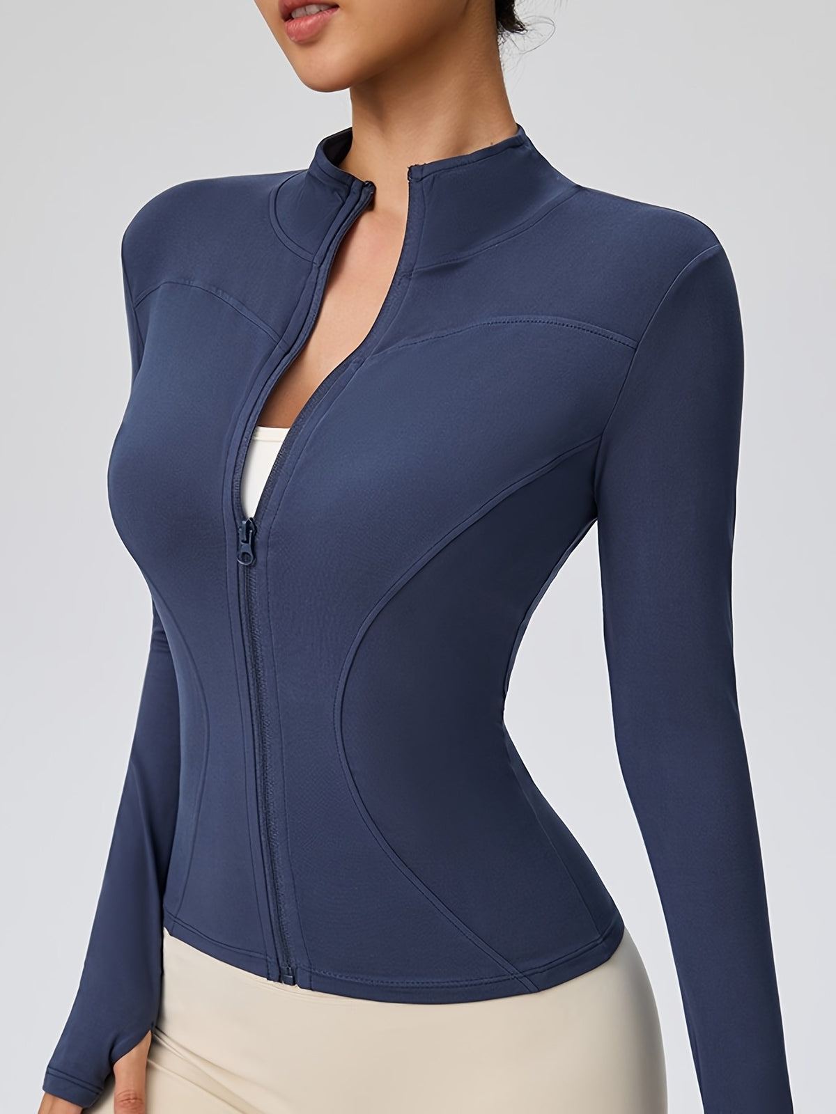 Slim Fit Cropped Zip Running Jacket - Navy