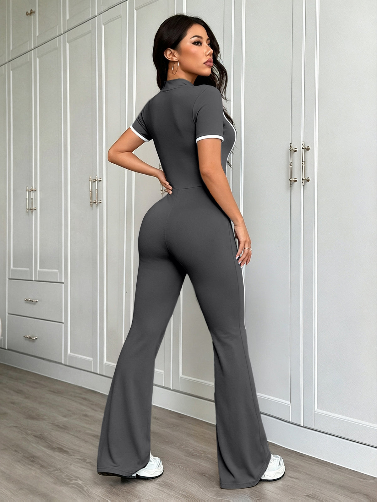 Zip Front Flare Jumpsuit - Dark Grey