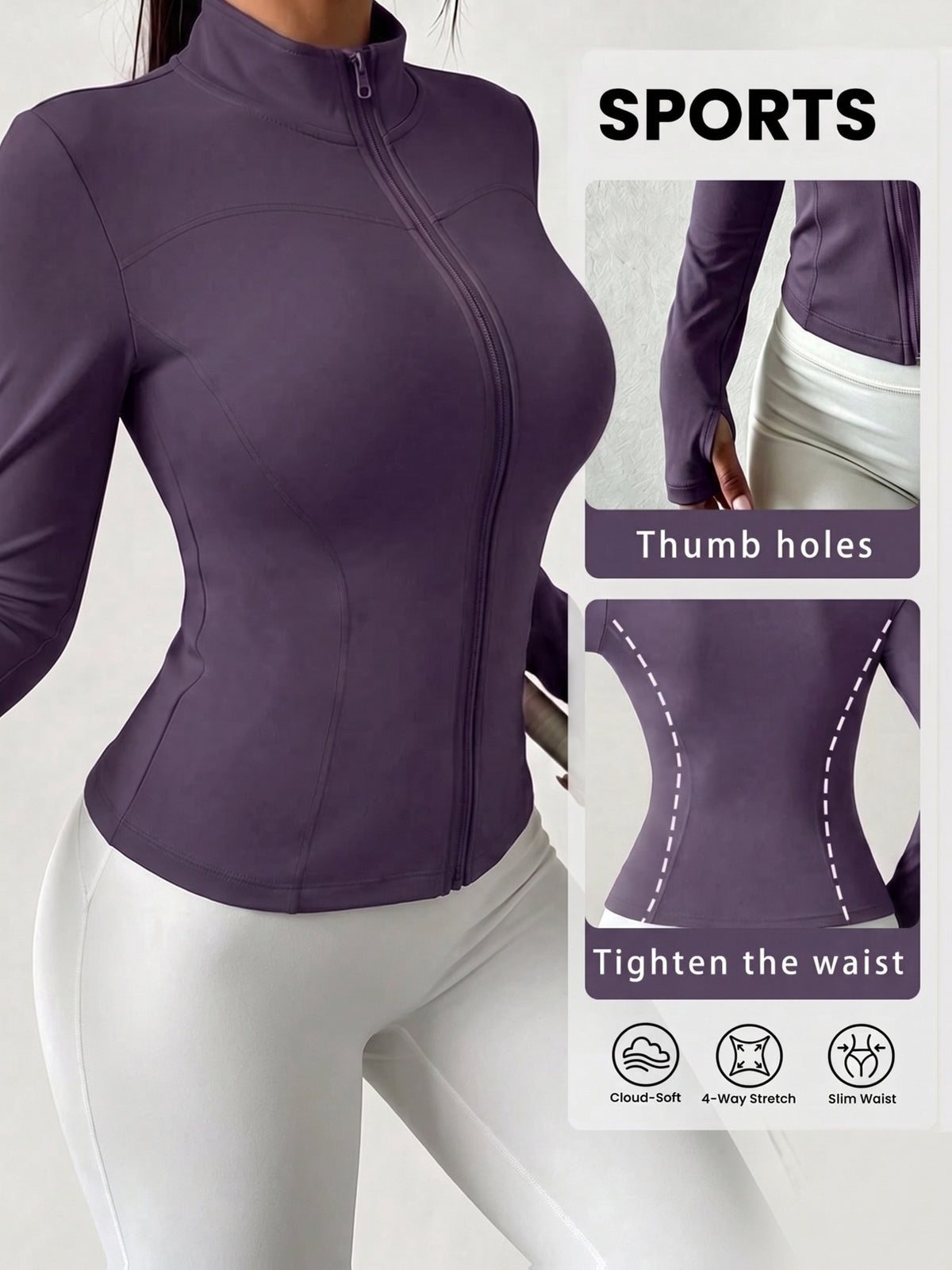 High Neck Thumbhole Zip Jacket - Deep Purple