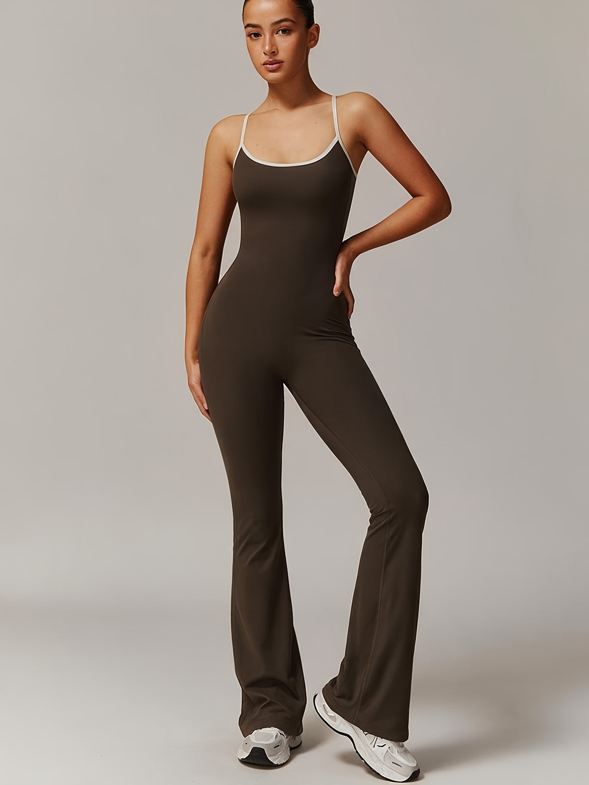 Crisscross Back Ruched Flare Jumpsuit - Coffee