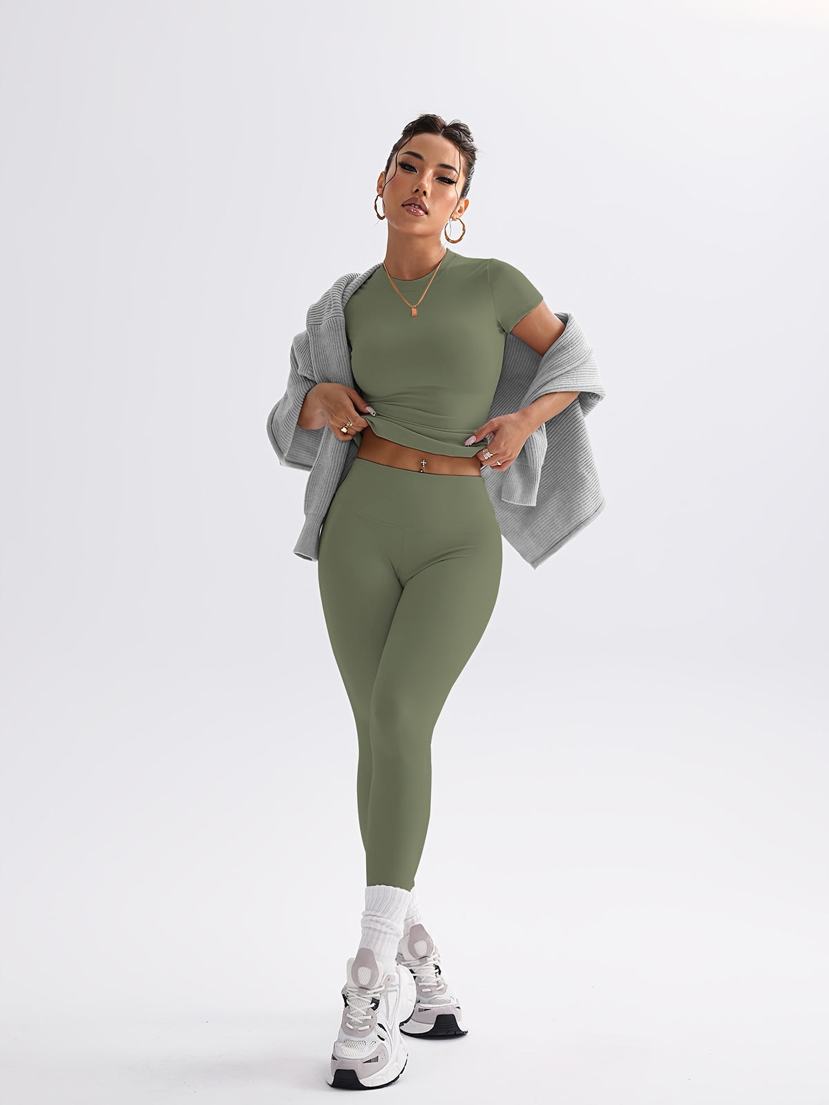 Cropped Tee & Leggings Set - Dark Green