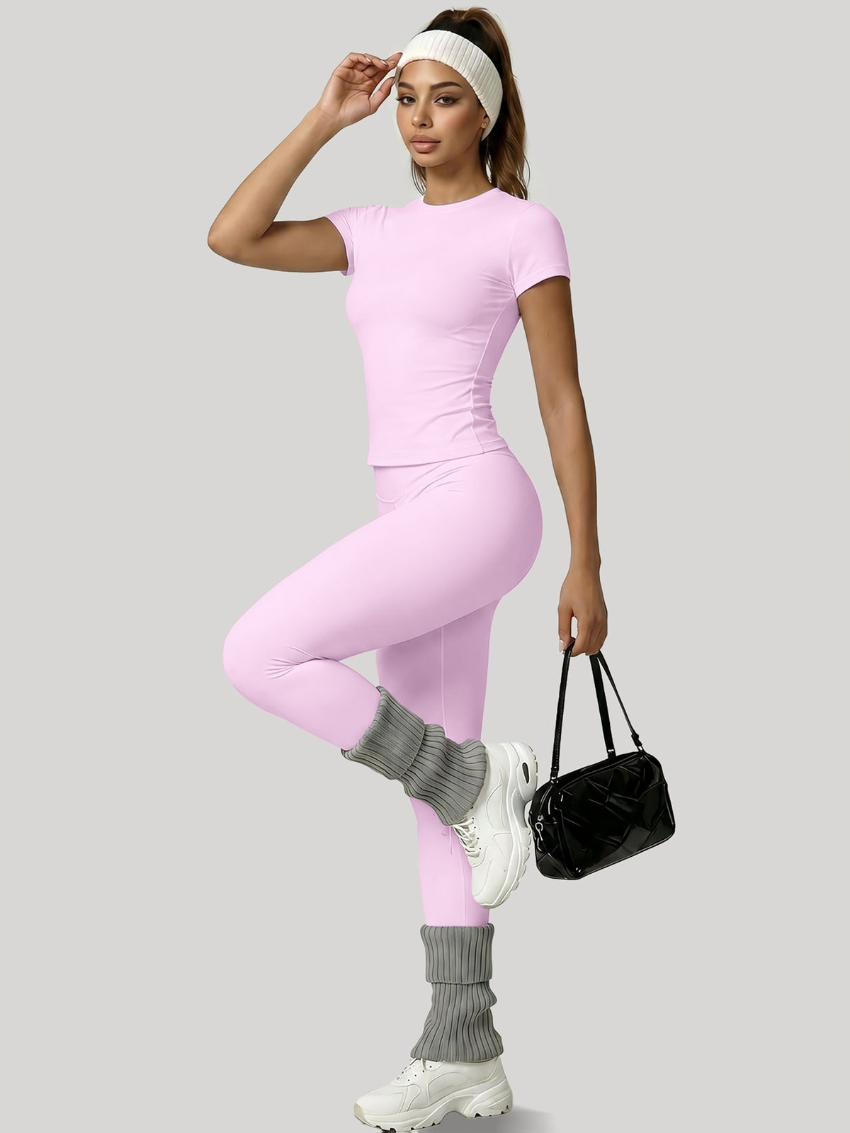 Round Neck Top & Tummy Tuck Leggings Set - Pink