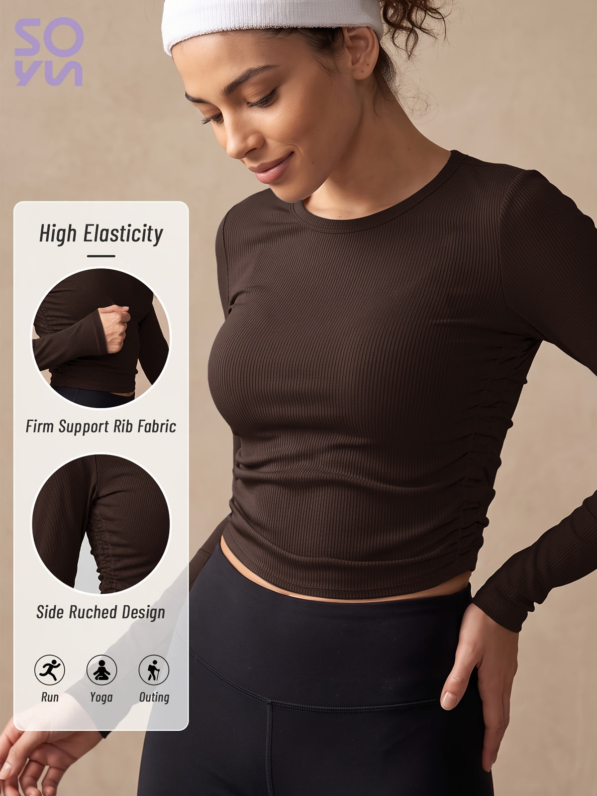 Striped Side Gather Long Sleeve Top - Coffee