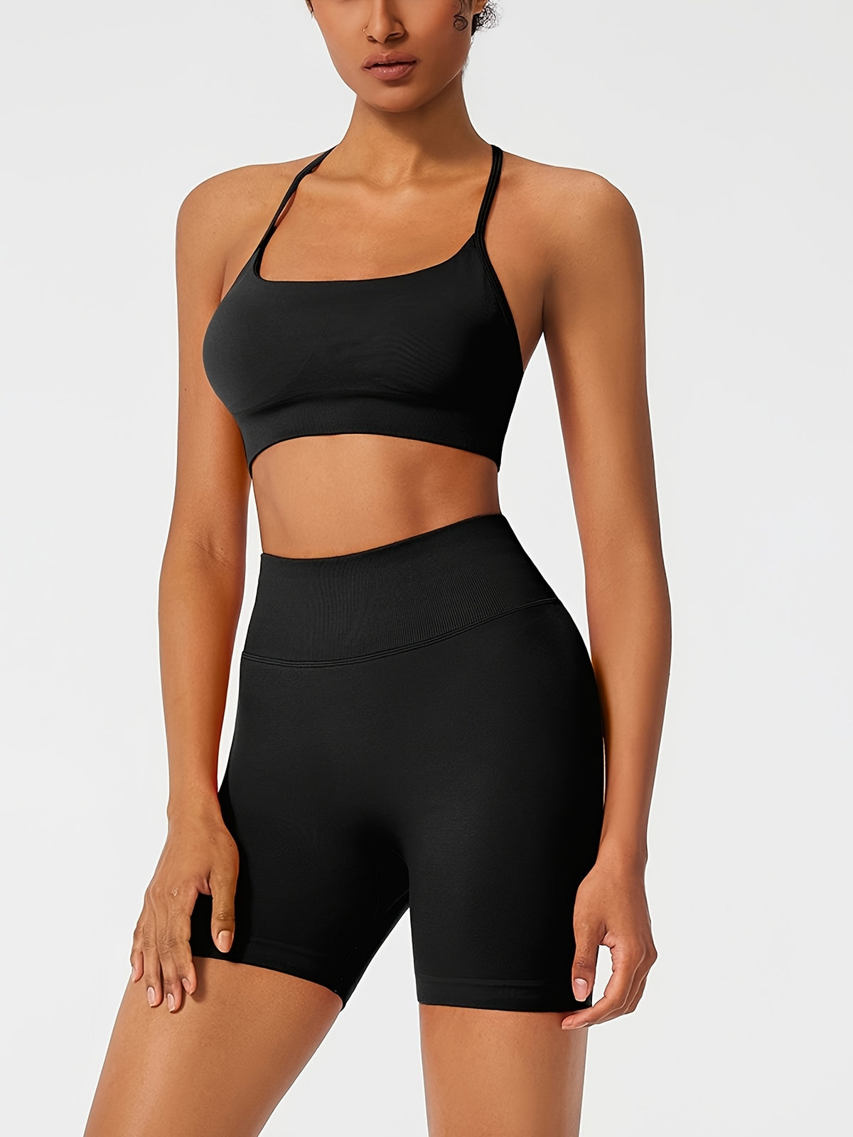 Square Neck Crop Top & Cycling Shorts Set - Black