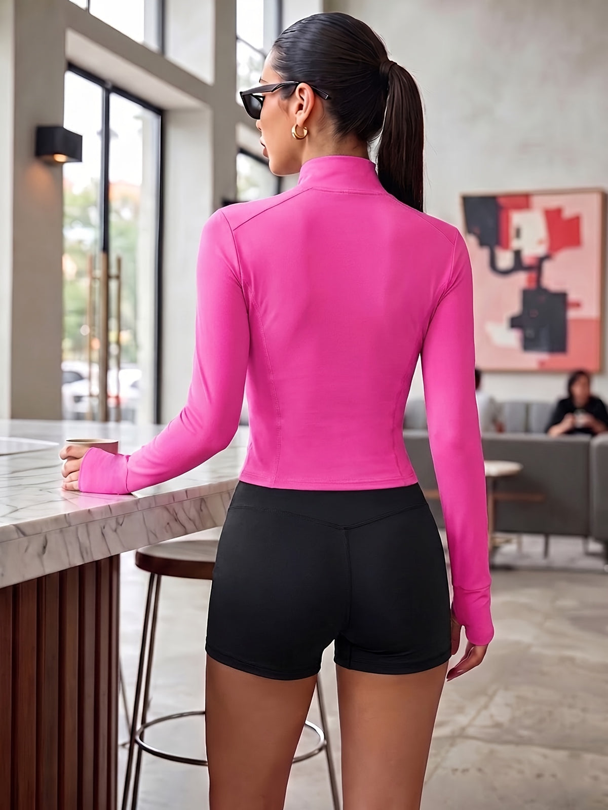 Slim Fit Stand Collar Zip Jacket - Hot Pink