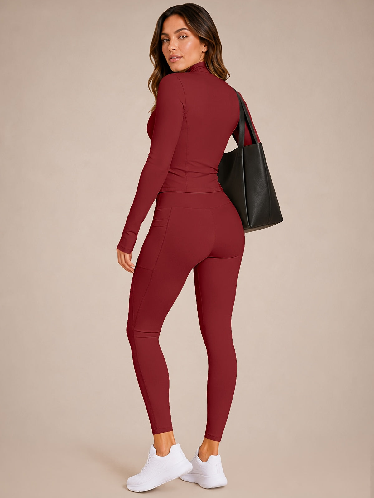 Stand Collar Jacket & Leggings Set - Burgundy