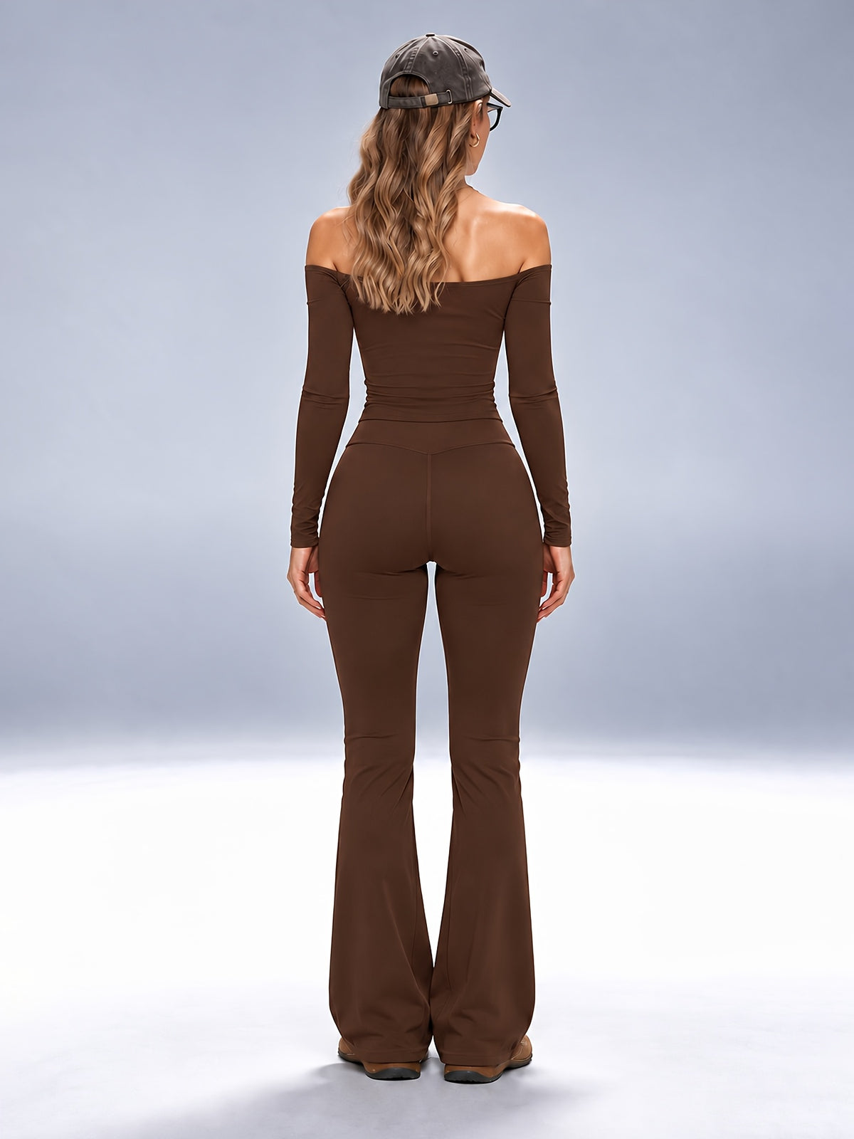 One-Shoulder Long Sleeve & Flare Pants Set - Cocoa Brown