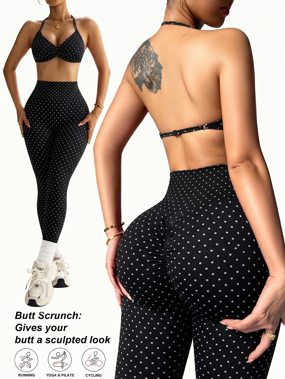 Polka Dot Halter Bra & Leggings Set - Black