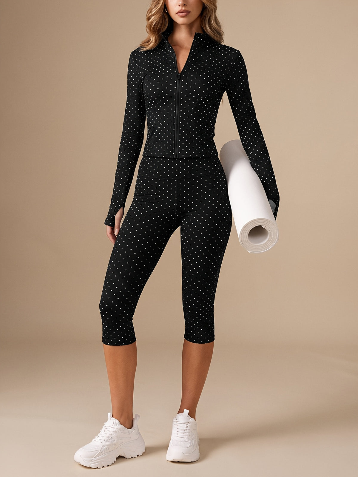 Polka Dot Jacket & Capri Set - Black
