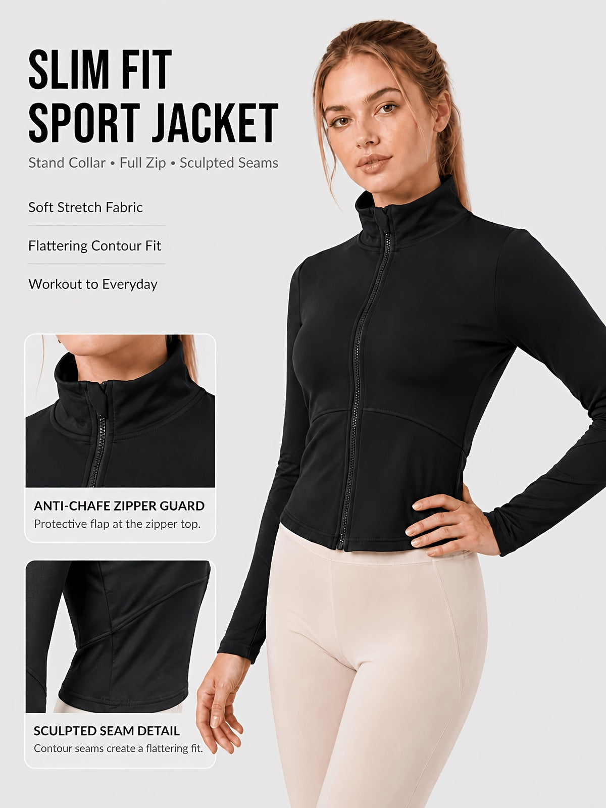Slim Fit Stretch Zip Up Yoga Jacket - Black