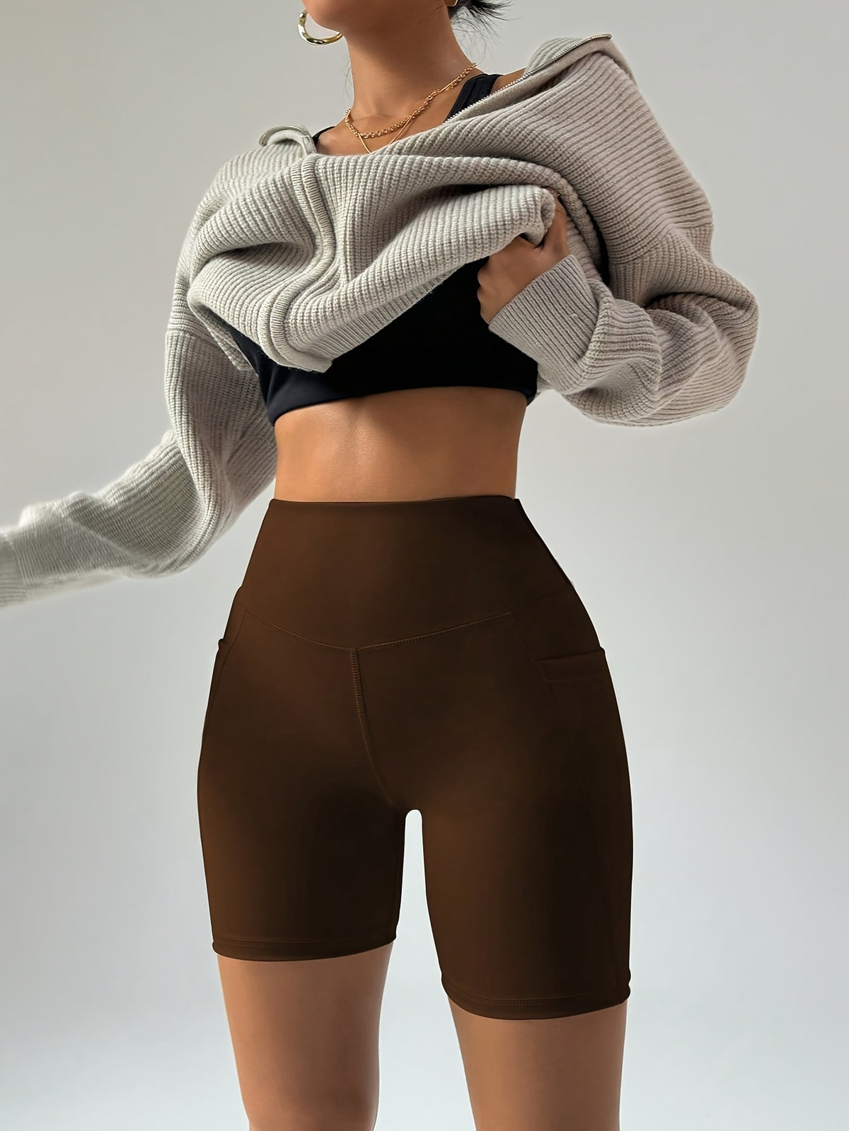 High Waist Compression Pocket Shorts - Dark Brown