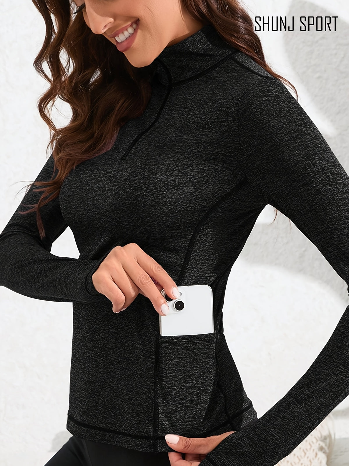 Thumbhole Zip Pocket Top - Dark Grey