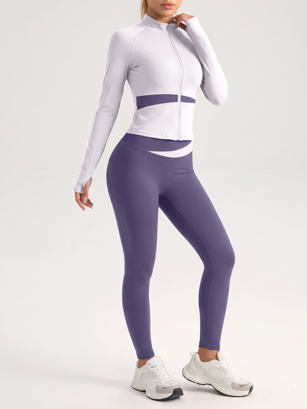 Contrast Zip Jacket & Lifting Leggings Set - Light Purple & Dark Purple