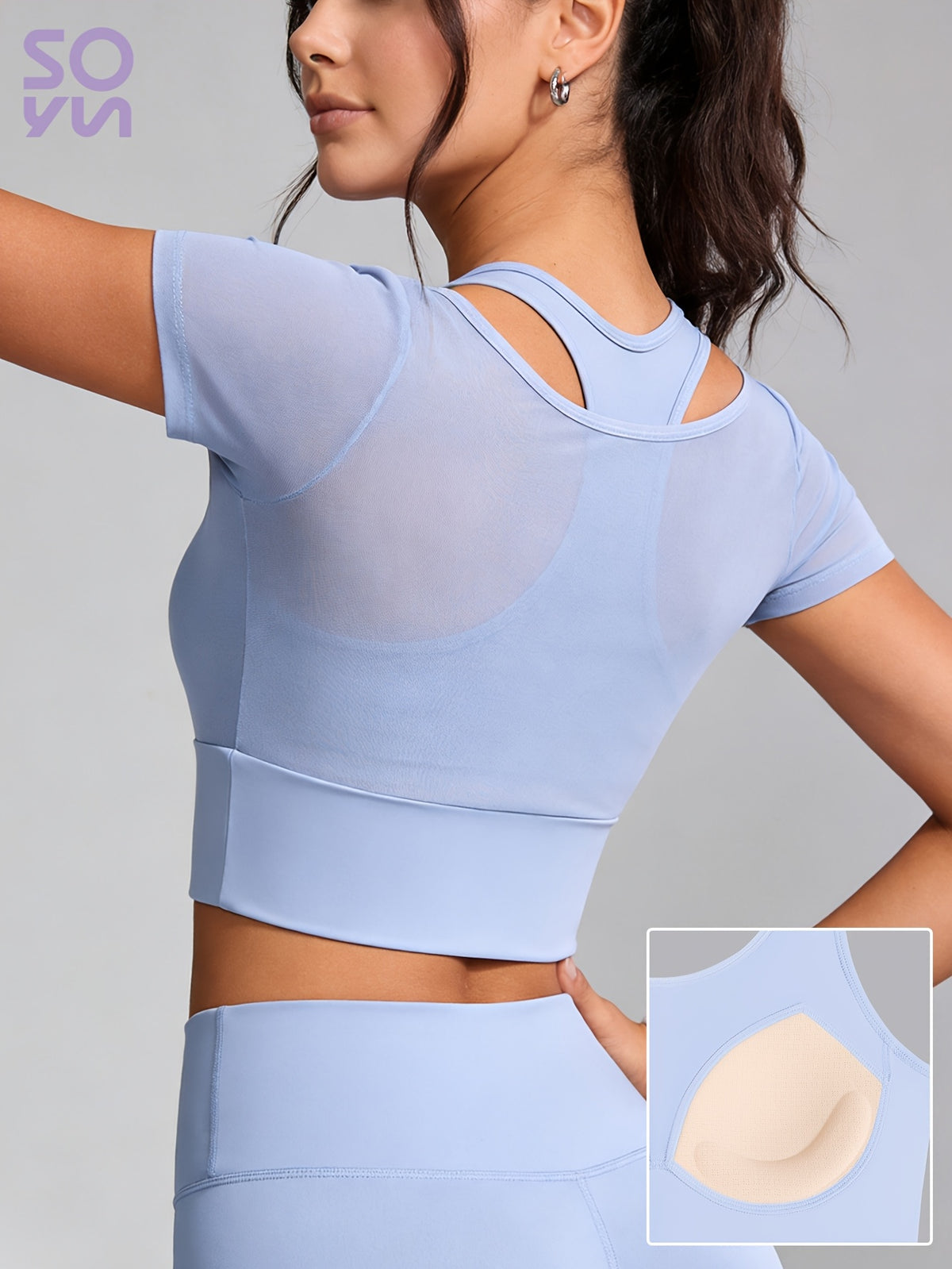 Mesh Panel Padded Short Sleeve Tee - Light Blue