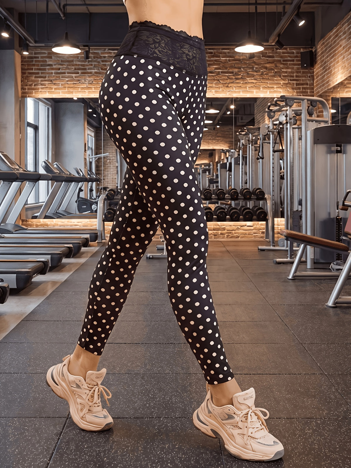 Polka Dot Lace Trim Leggings - Black