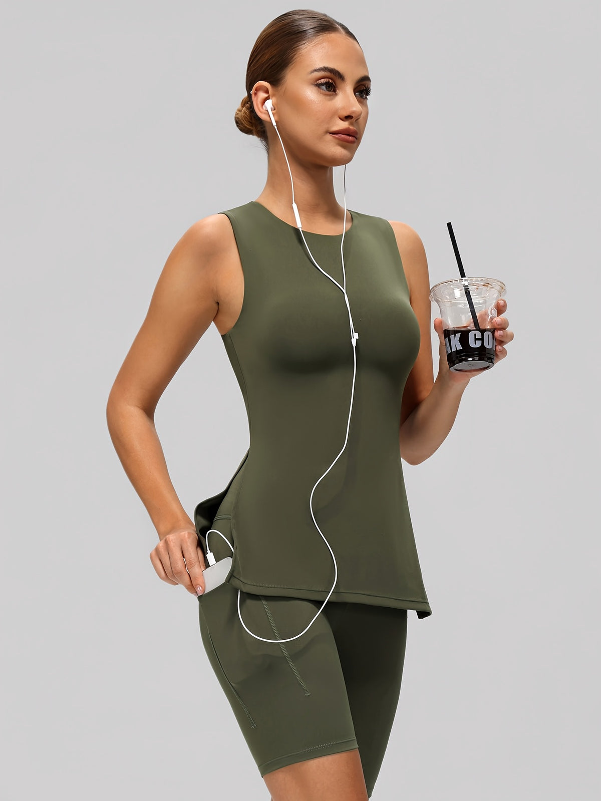 Side Slit Tank & Shorts Set - Olive Green