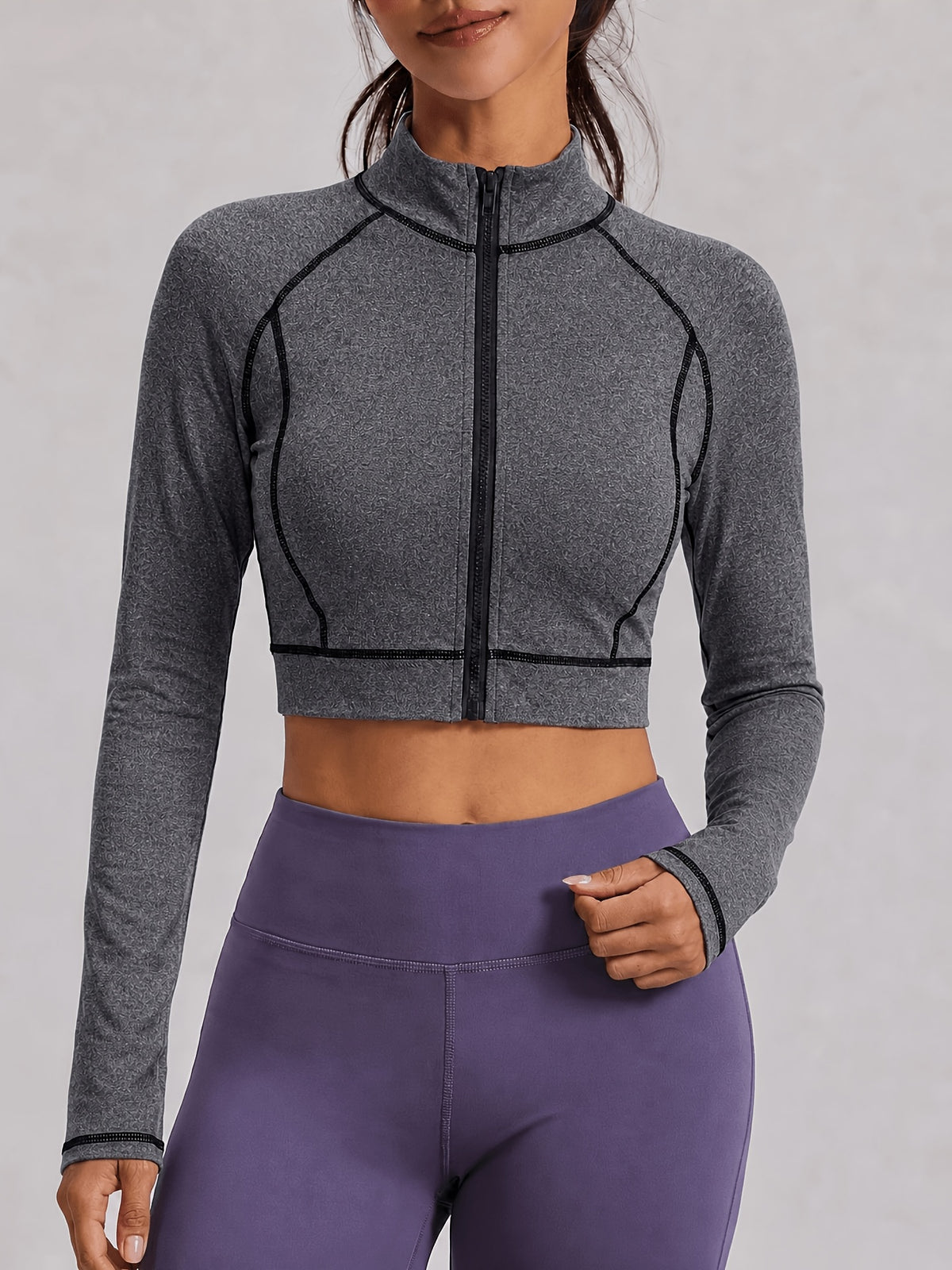 Contrast Stitch Cropped Zip Jacket - Charcoal