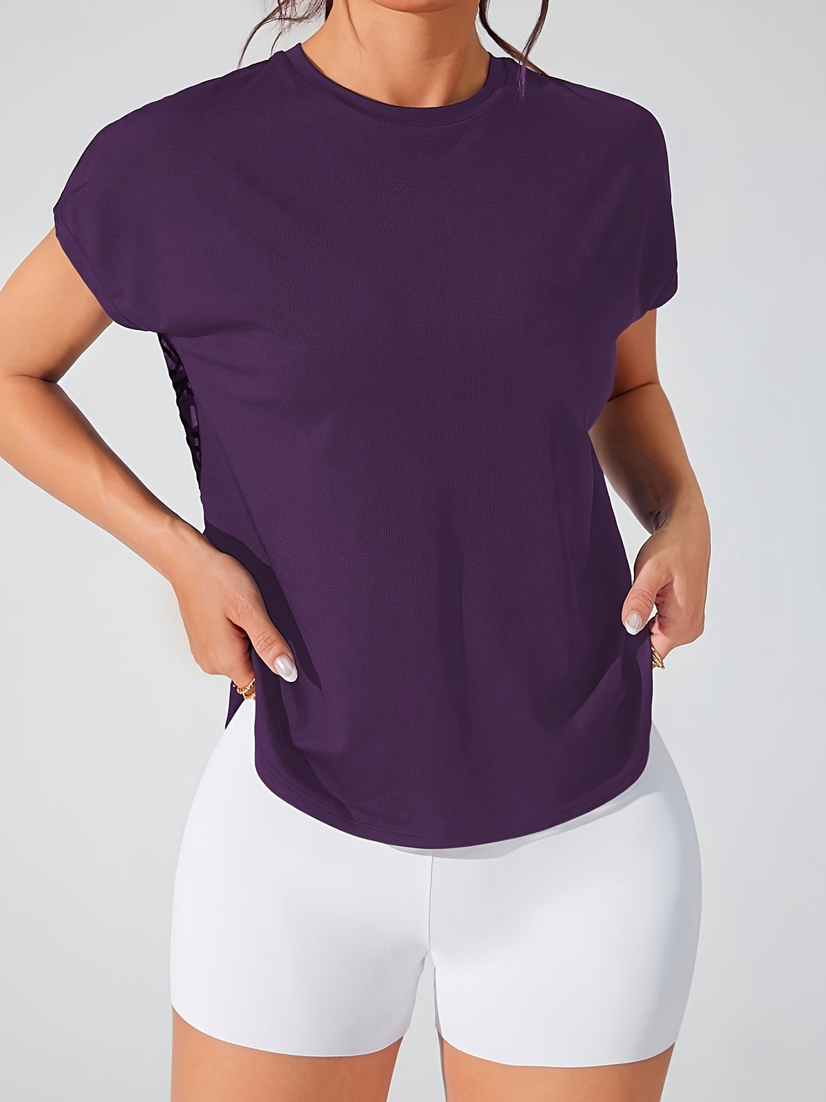 Geometric Mesh Back Sports Tee - Purple