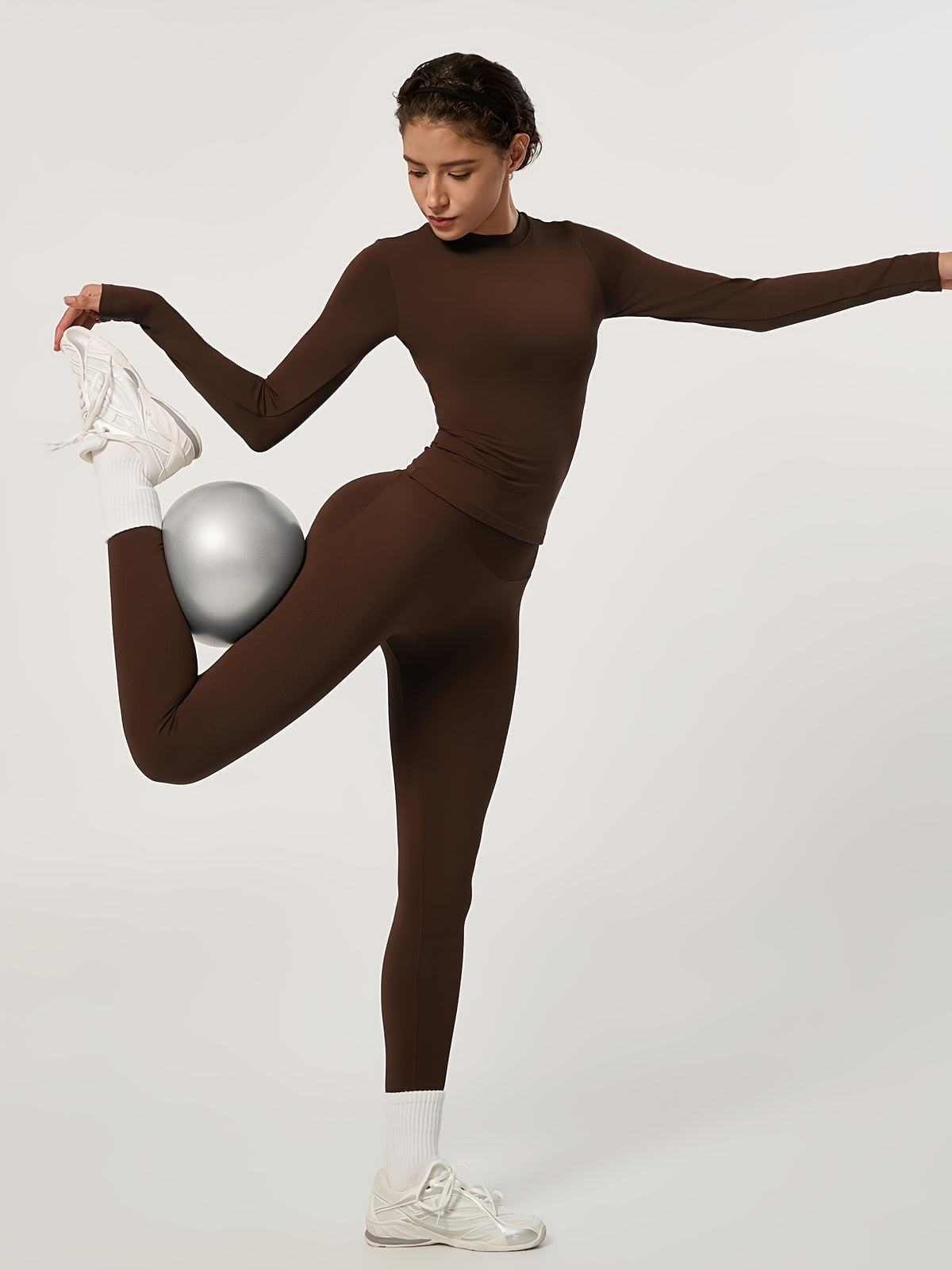 Long Sleeve Top & Seamless Leggings Set - Mocha Brown