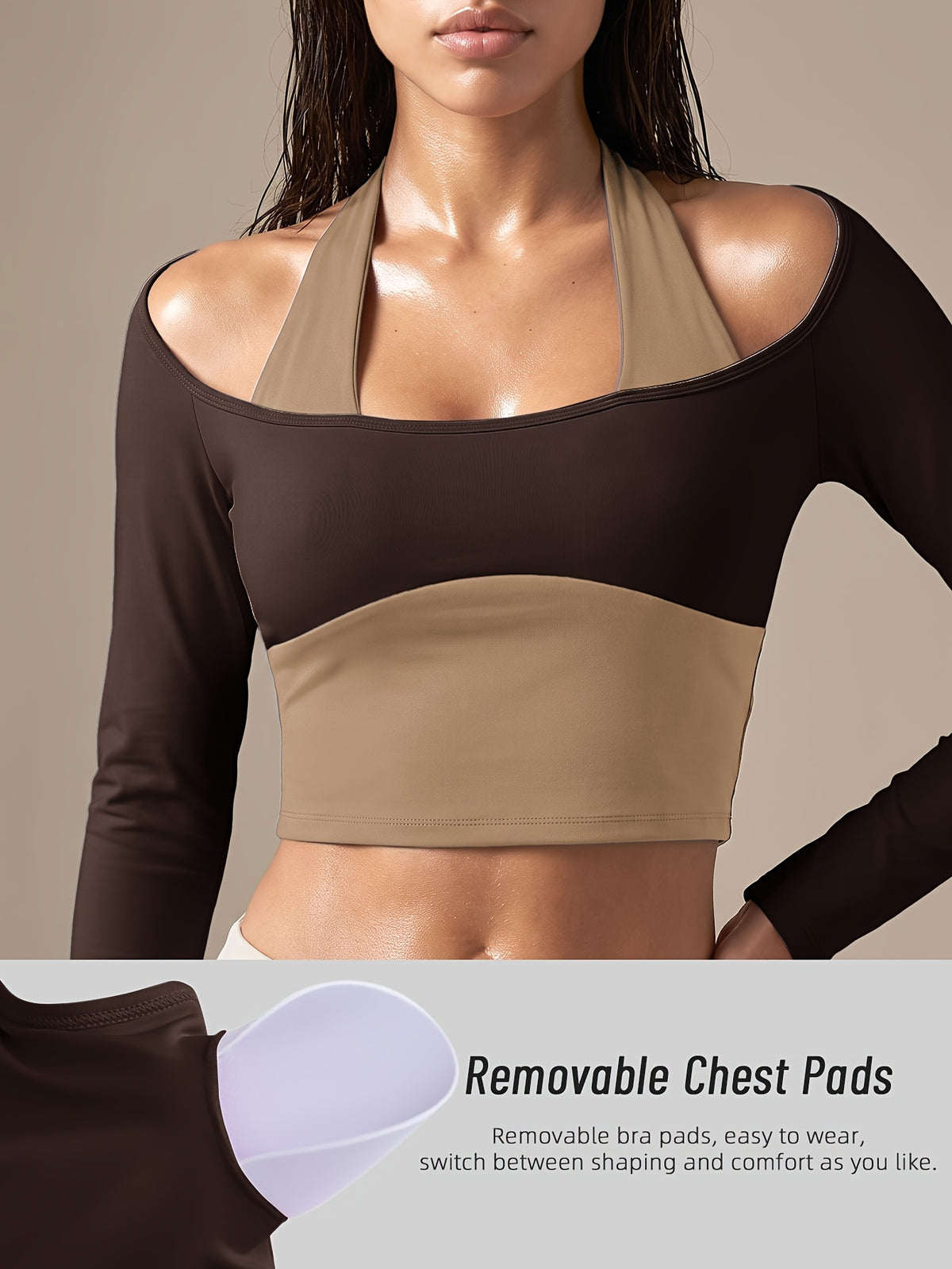 Faux Two-Piece Halter Color Block Top - Coffee