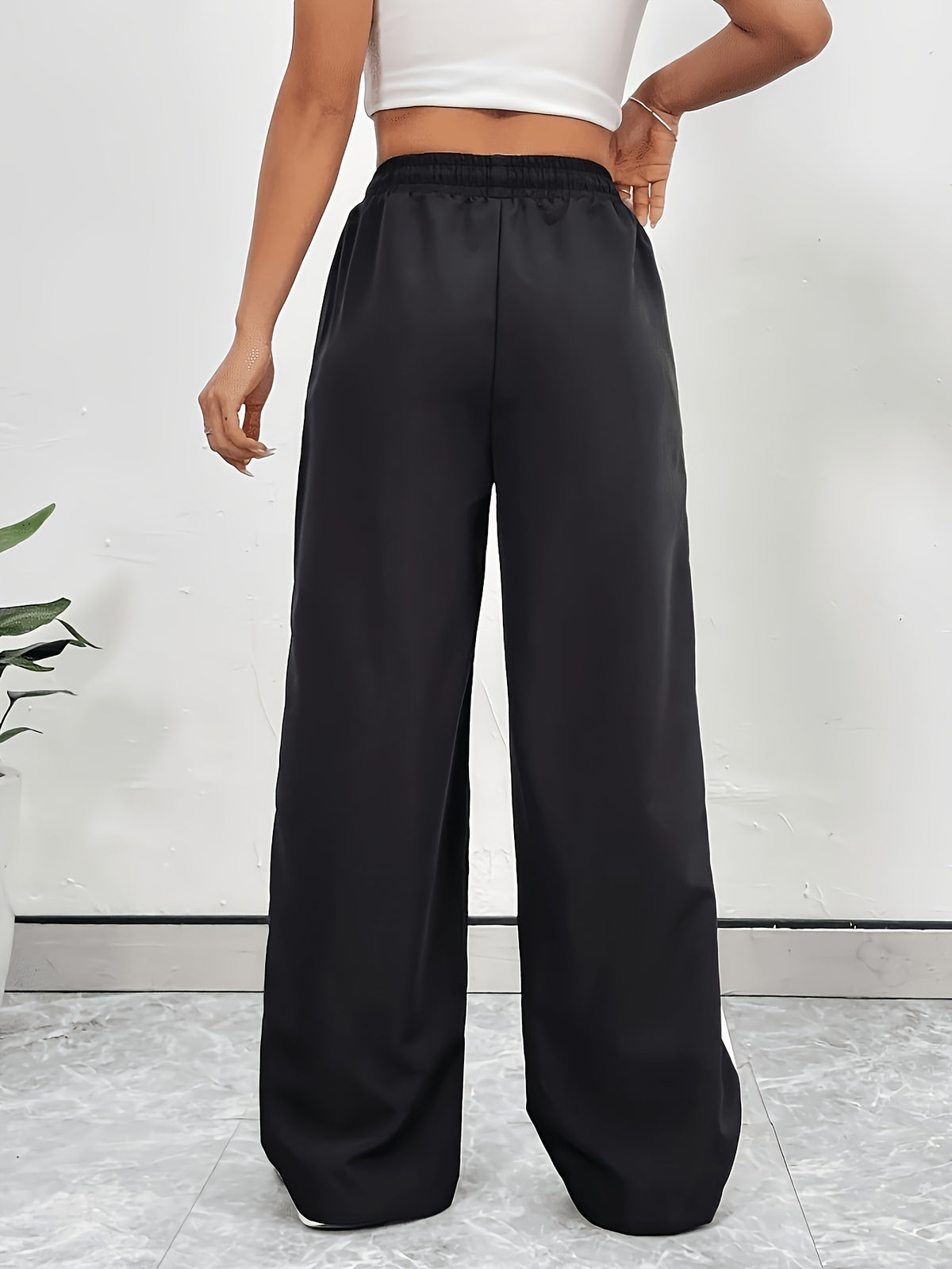 Contrast Panel Loose Wide Leg Joggers - Black